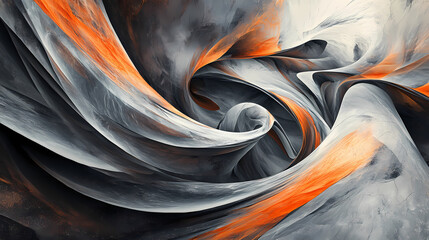 Wall Mural - Abstract landscape showcasing swirling, sculptural forms in shades of gray and orange, evoking a sense of movement and depth. Sculptural Depth. Illustration