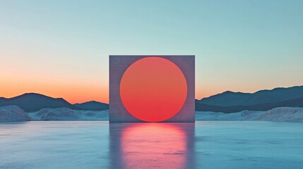 Wall Mural - Surreal landscape with glowing red circle on concrete wall in desert at sunset, evoking mystery and tranquility