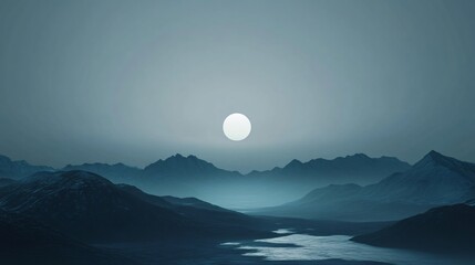 Wall Mural - Bright full moon illuminating misty mountain valley at night, creating a serene and atmospheric landscape