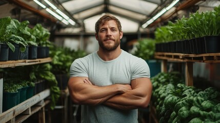 In a lively greenhouse setting, a strong young man stands confidently, showcasing thriving plants and demonstrating a passion for sustainable gardening and healthy living.