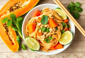 Wall Mural - an image of a bowl of noodles with a slice of papana and lime, a close up of a bowl of noodles with a slice of papana and lime