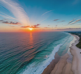 Wall Mural - Summer closeup sunset sea sky landscape. Colorful ocean beach sunrise. Beautiful beach reflections calm waves, soft sandy beach. Perfect tropical coast horizon scenic coast view.generative ai