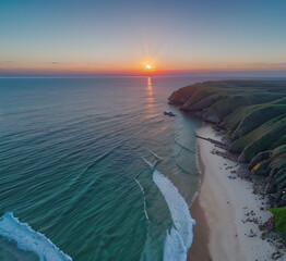 Wall Mural - Summer closeup sunset sea sky landscape. Colorful ocean beach sunrise. Beautiful beach reflections calm waves, soft sandy beach. Perfect tropical coast horizon scenic coast view.generative ai