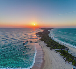 Wall Mural - Summer closeup sunset sea sky landscape. Colorful ocean beach sunrise. Beautiful beach reflections calm waves, soft sandy beach. Perfect tropical coast horizon scenic coast view.generative ai