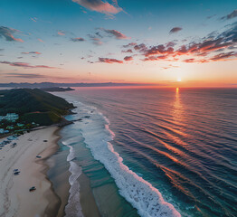 Wall Mural - Summer closeup sunset sea sky landscape. Colorful ocean beach sunrise. Beautiful beach reflections calm waves, soft sandy beach. Perfect tropical coast horizon scenic coast view.generative ai
