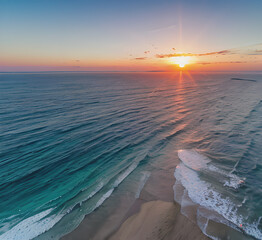 Wall Mural - Summer closeup sunset sea sky landscape. Colorful ocean beach sunrise. Beautiful beach reflections calm waves, soft sandy beach. Perfect tropical coast horizon scenic coast view.generative ai