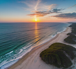 Wall Mural - Summer closeup sunset sea sky landscape. Colorful ocean beach sunrise. Beautiful beach reflections calm waves, soft sandy beach. Perfect tropical coast horizon scenic coast view.generative ai