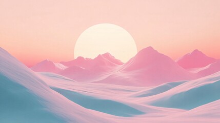 Wall Mural - Snowy mountains landscape with pink light at sunset under a big sun