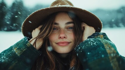 Wall Mural - A young woman with freckles and a warm smile enjoys the snowy landscape, exuding a sense of joy and tranquility, capturing the essence of winter serenity.