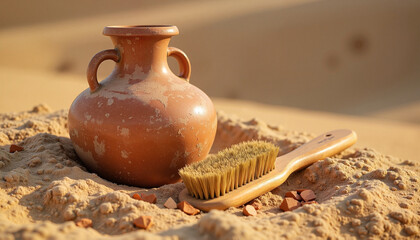 Weathered clay amphora and wooden brush in desert sand, historical symbolism