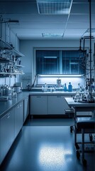 Poster - Modern Laboratory with Equipment and Glassware in Blue Light