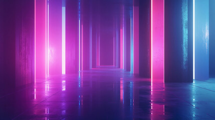 Poster - Futuristic neon corridor illuminating the environment with vibrant colors, creating a surreal landscape reminiscent of advanced technology and design. Generative AI