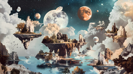Wall Mural - A surreal collage combining elements like floating islands, mythical creatures, and celestial bodies, creating a dreamlike, fantastical world. Surreal Collage. Illustration