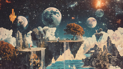 Wall Mural - A surreal collage combining elements like floating islands, mythical creatures, and celestial bodies, creating a dreamlike, fantastical world. Surreal Collage. Illustration