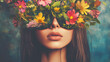 © Thiago - Abstract contemporary art collage of a young woman with flowers on her face hiding her eyes. a surreal and artistic portrait symbolizing beauty, mystery, and creativity. Surreal Collage. Illustration