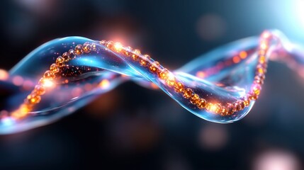 Poster - vibrant and colorful depiction of a molecular structure twisting through space, featuring luminous particles that create a captivating visual effect against a dark background