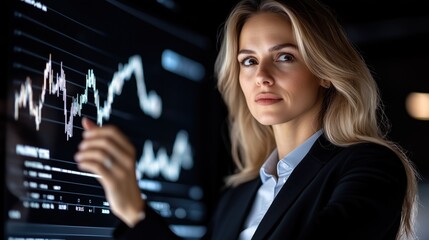 Poster - focused woman in business attire examines stock market trends on a digital display. environment is a sleek, dark office with advanced technology present, emphasizing her concentration