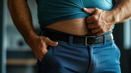 This image depicts a man casually holding his stomach, illustrating a moment of relaxation in stylish attire, reflecting everyday life and the importance of comfort in fashion.