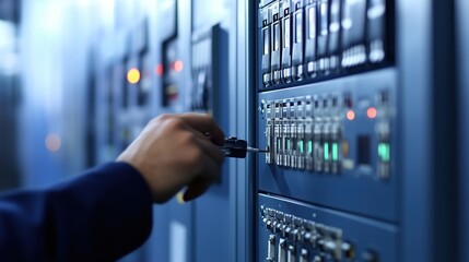 Poster - person is adjusting controls on server equipment in a data center. environment is well-lit with multiple LED indicators showing status during late evening hours