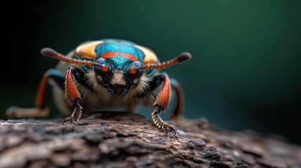 A stunning close-up of a vibrant beetle showcasing its intricate details and colorful patterns, emphasizing its beauty and unique characteristics in nature.