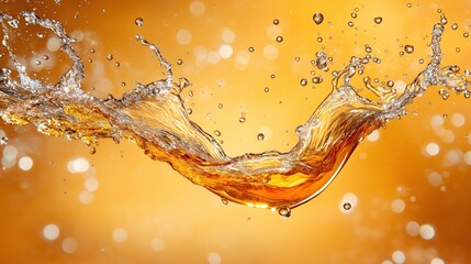 Poster - Amber liquid splashes elegantly, creating mesmerizing shapes and reflections against a soft golden background that evokes warmth and energy in a bright setting