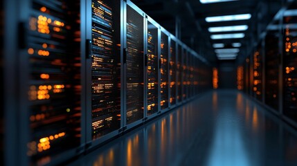Aufkleber - A scene capturing a data center featuring numerous rows of fully functional server racks, embodying the modern telecommunications, cloud computing, stock, database, and supercomputer technology
