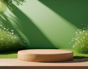 wooden product display podium in green room with grass flowers and sunshine shadow background product presentation theme nature and organic cosmetic and food concept 3d illustration rendering