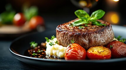 Wall Mural - This beautifully styled plate showcases a succulent grilled steak topped with fresh herbs, served alongside roasted tomatoes and creamy mashed potatoes for a gourmet appeal.