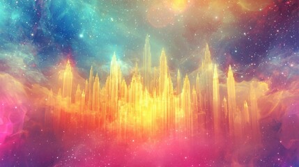Poster - Ethereal Cityscape with Crystals Amidst Cosmic Colors and Stars