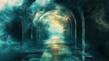 Poster - Ethereal Corridor of Light and Clouds in Surreal Fantasy Scene