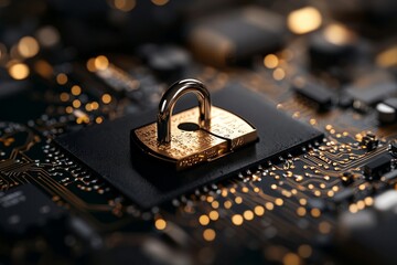 Poster - The integration of a security lock onto a computer circuit board indicates protection for computer security