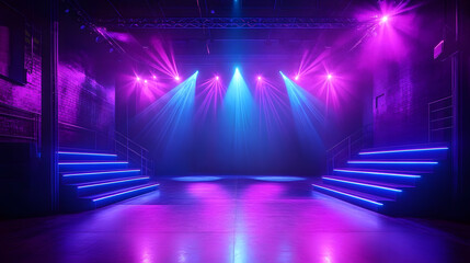 Poster - A stage illuminated with vibrant purple and blue lights, creating a dynamic and energetic atmosphere for the performance