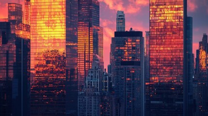 Poster - Sunset Reflection on Modern Skyscrapers in Urban Landscape