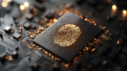 Poster - conceptual 3d image showcasing integrated circuits, online authentication, fingerprint login authori