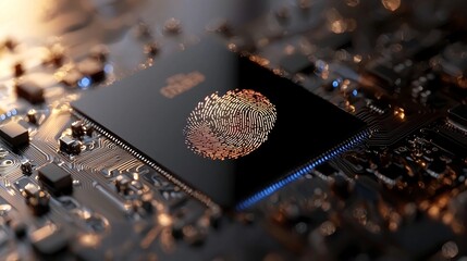 Poster - a 3d rendering of the concept combining integrated circuits, online authentication, fingerprint logi