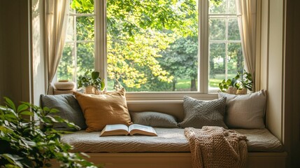 Wall Mural - Cozy Reading Nook by Bright Window with Nature Views and Plants