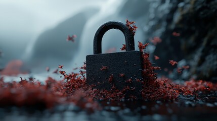 Poster - When the protective layer is dismantled, cyber security is jeopardized. The red key and the structure implode, breaking the polygon into pieces. The computer system technology has been compromised