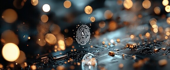 Aufkleber - Fingerprint authentication to access secured computer network and digital system. Cyber security utilizing biometrics technology. Illustration with icons and an electronic circuit board for the