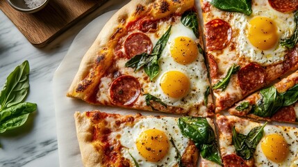 Wall Mural - An enticing image of freshly baked pizza featuring golden eggs and vibrant spinach, promising a delightful combination for food enthusiasts and pizza lovers alike.