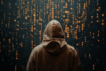 Poster - Abstract image of an indiscernible hacker cyber criminal wearing a hood with a dark space and matrix replacing their face, isolated against a blue digital backdrop. Illustrating a security system