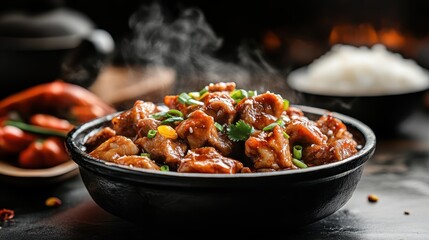 Wall Mural - A beautifully arranged bowl of tender chicken pieces glazed with sauce and garnished with green onions, perfect for a culinary feast showcasing gastronomy.