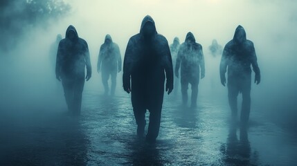 A group of people are walking through a foggy, misty forest