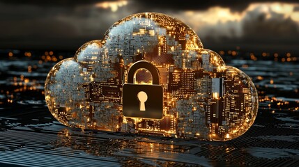 Poster - abstract portrayal of cloud security services, with an integrated stylized cloud and padlock icon, i