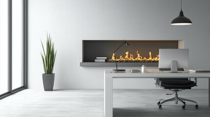 Poster - Modern Minimalist Office Space with Stylish Fireplace Design