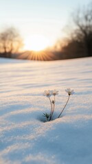 Sticker - A small white flower is growing in the snow. The sun is setting in the background, casting a warm glow on the snow. Concept of hope and resilience