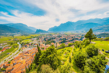 Wall Mural - Arco castle ruins on cliffs above Garda lake, Trentino, Italy. Lago di garda