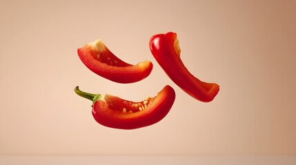 Red Bell Pepper Slices Floating Airy Food Photography Studio Shot Vibrant Healthy Vegetable Culinary Ingredients Fresh Produce Minimalist Background  