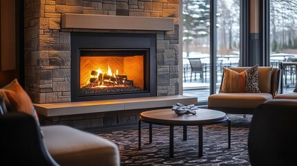 Wall Mural - Fireplace with seating area, close-up of crackling fire and soft seating