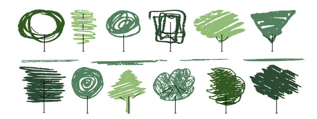 Wall Mural - tree and grass in forest a naive eco vector illustration, bush and shrubbery silhouette. freehand de