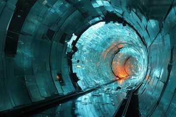 Poster - A shattered glass pane captures high-tech blue tones, creating a captivating atmosphere in a futuristic tunnel. Light glows in the distance